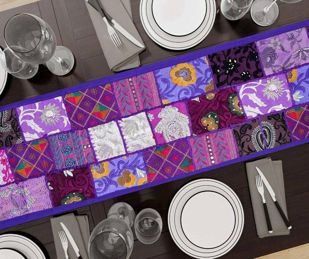 Indian Cotton Patchwork Table Runner Embroidered Dining Table Tapestry 152X45 cm