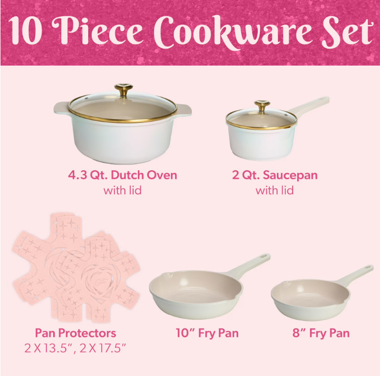 Ceramic Nonstick Cast Aluminum Cookware Set, Iridescent White, Heart Knobs