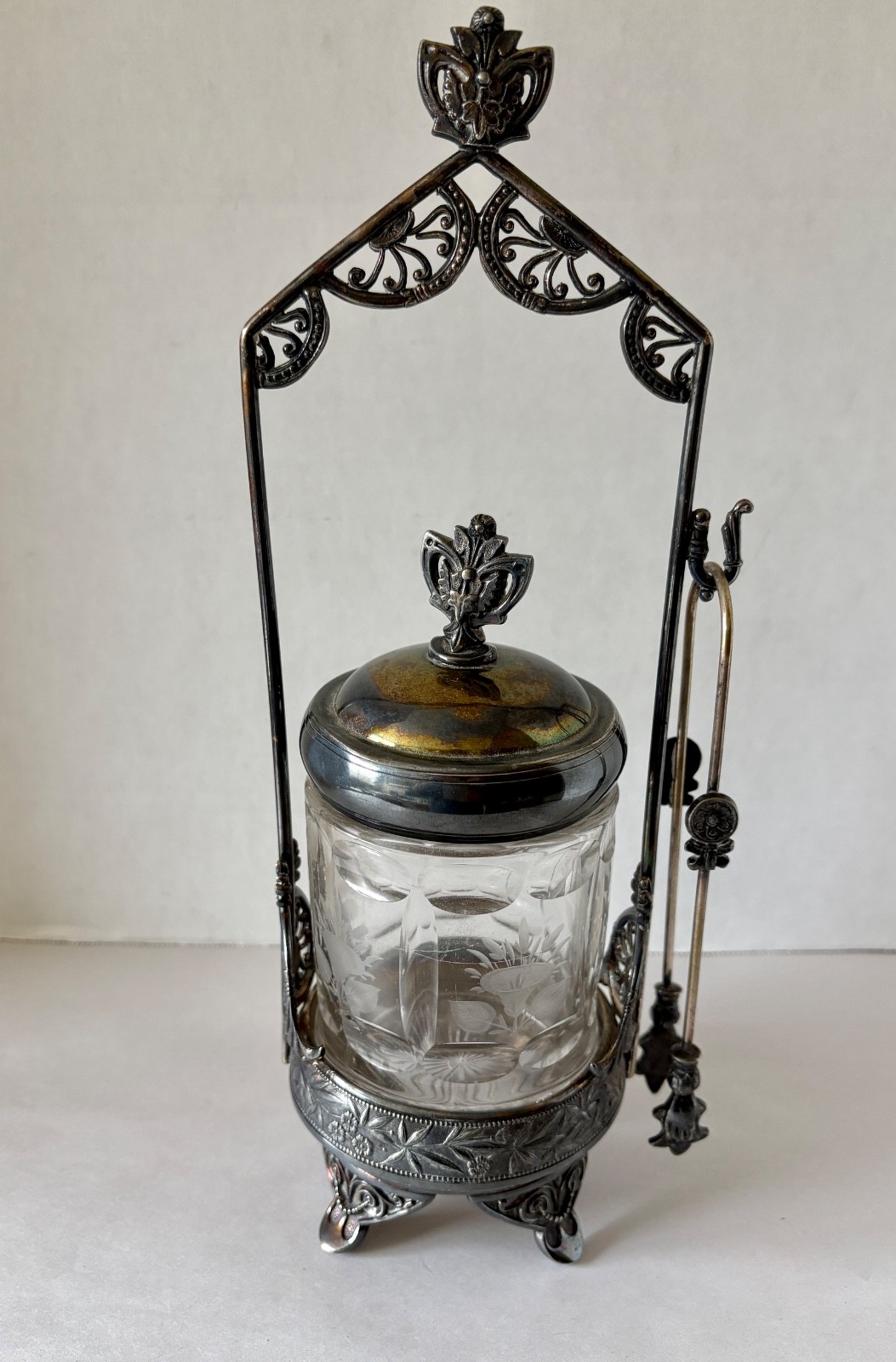 Antique Roger Bros. Aesthetic Silverplated Pickle Castor w/Tongs/Etched Jar 1883