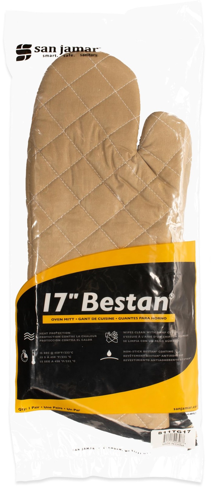 San Jamar 811TG17 BesTan Temperature Protection Oven Mitt, 17" Length, Tan