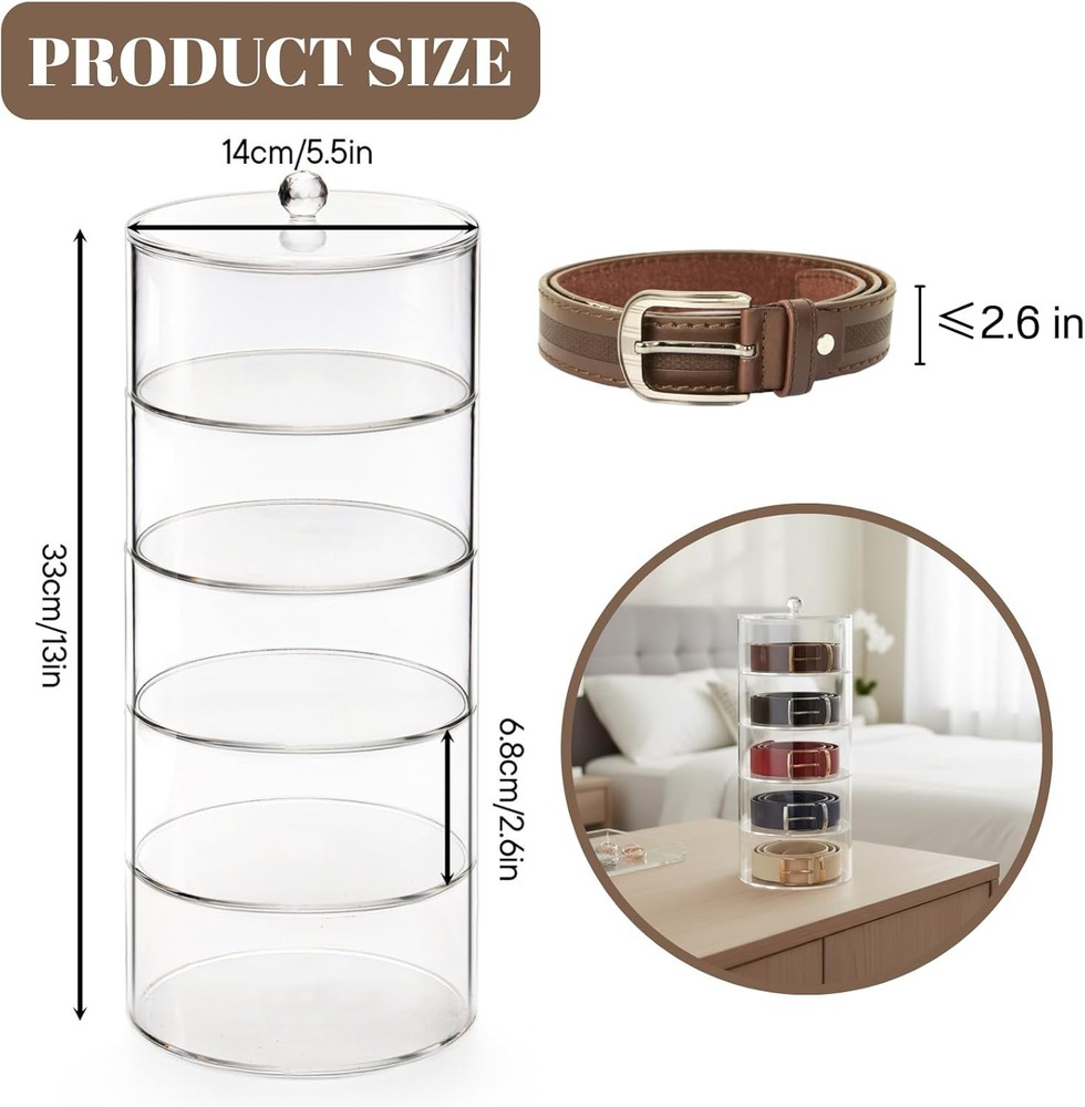 5 Layers Acrylic Belt Organizer, Stackable Belt Storage Box Clear Display Cas...