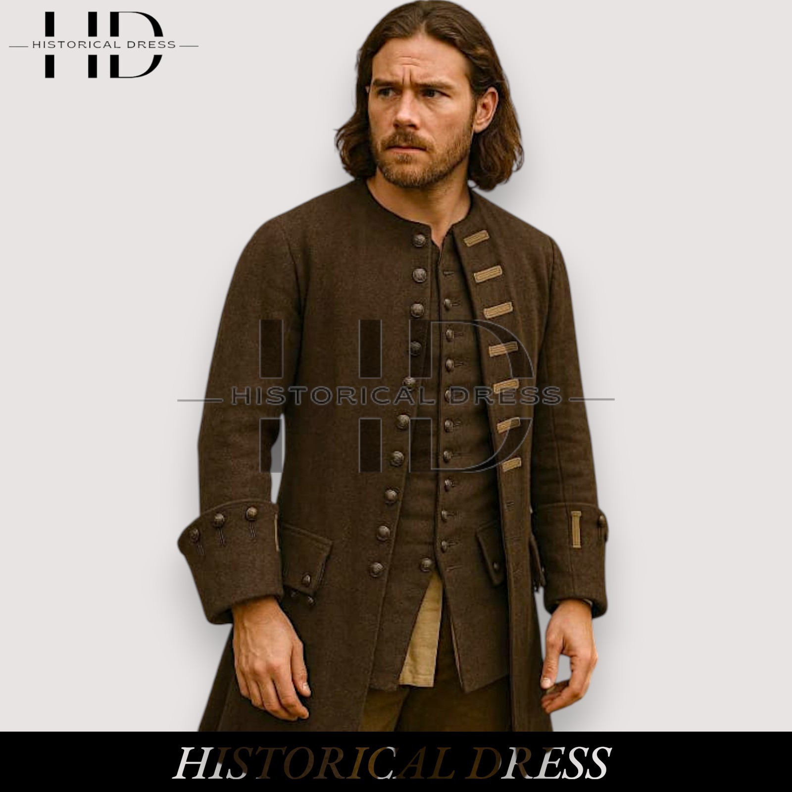 Men's 18th Century Regency Brown Wool Frock Coat&Vest Colonial Military Tailcoat