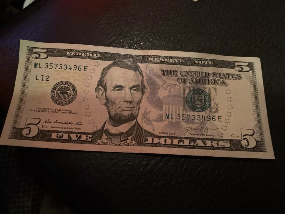$5 Error Note: Green Seal Misaligned. On The 2 Sections Bleed Through