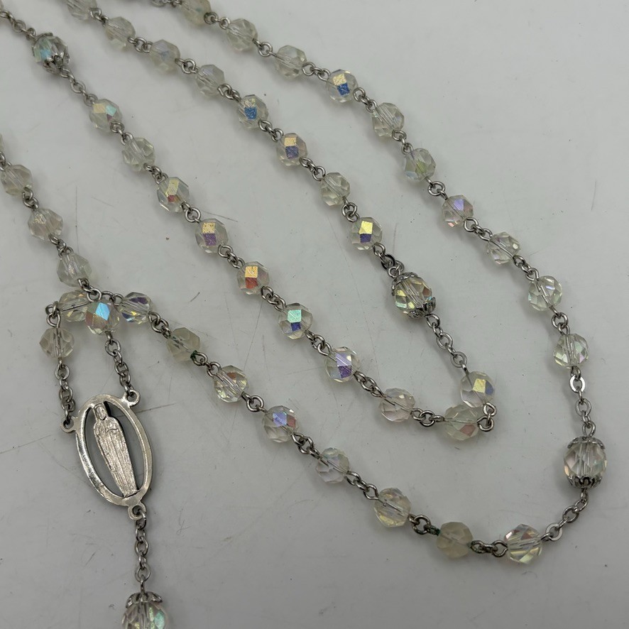 Vintage PLAIN SIMPLE SILVER TONE 2" CRUCIFIX Catholic CRYSTAL BEADS- ROSARY