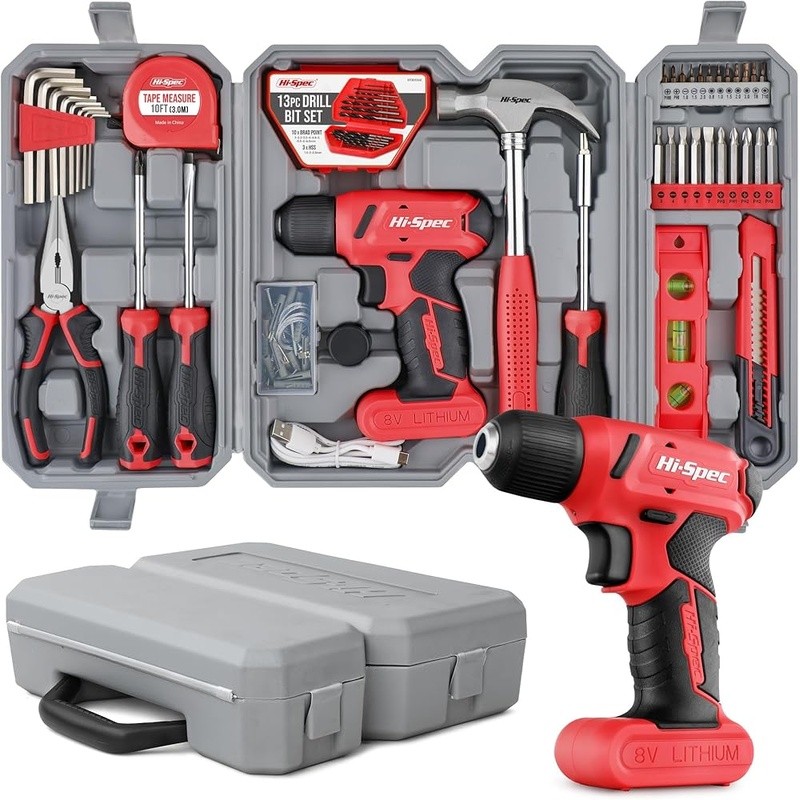 58pc Cordless Drill Driver Tool Kit USB Rechargeable Screwdriver Hammer Set