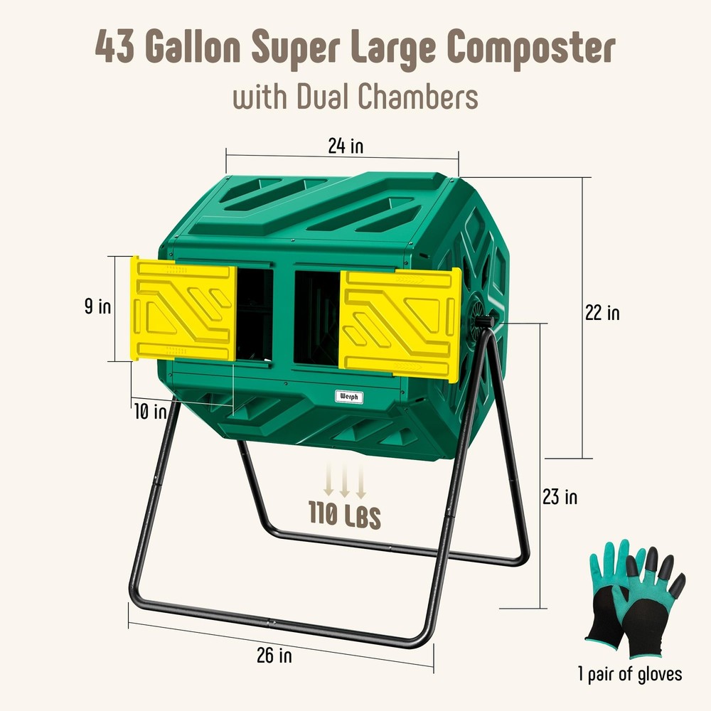 43 Gallon Compost Bin with Gloves, Fast Assembly & Easy Setup Outdoor Compost...