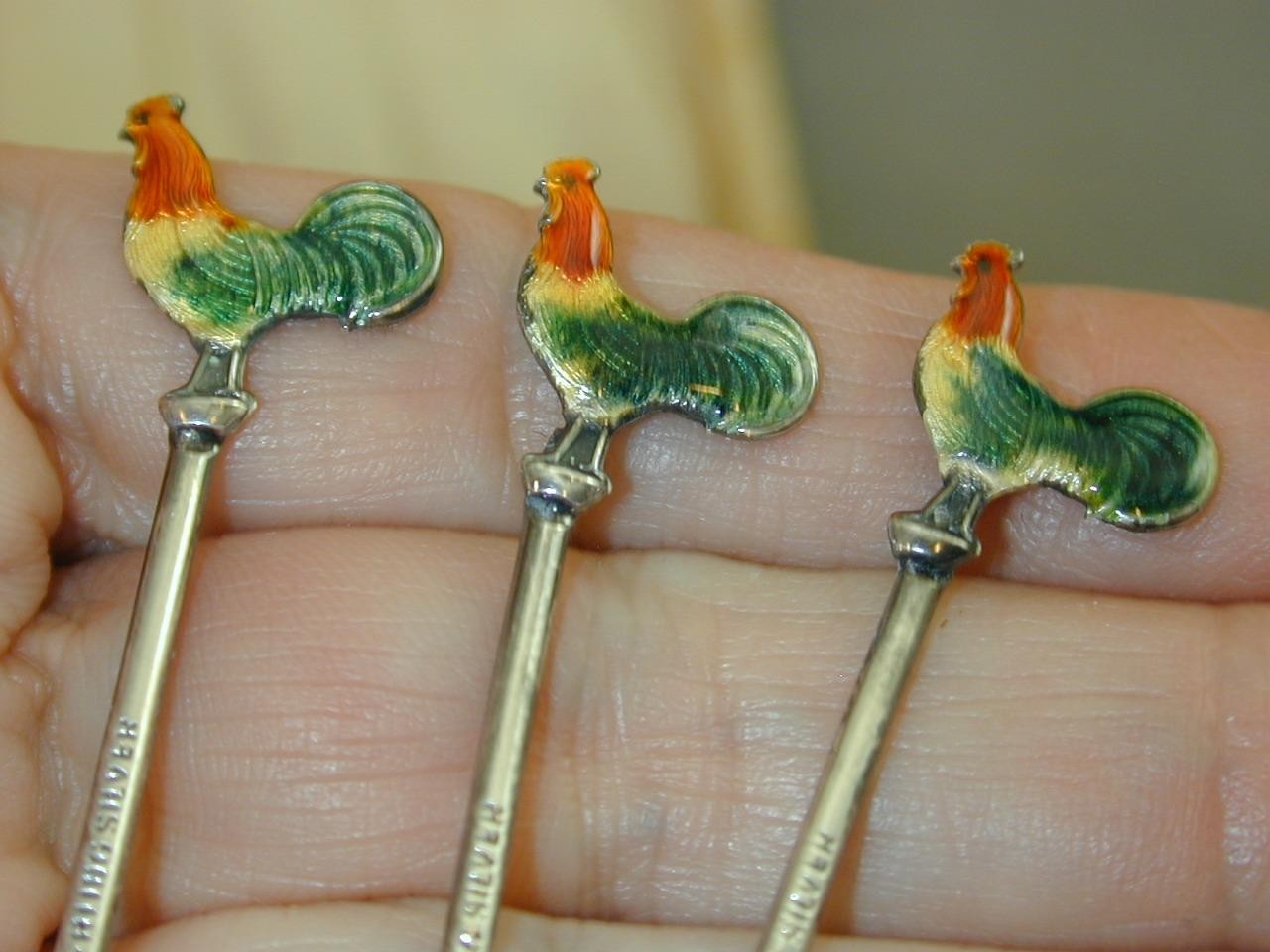 Art Deco Sterling Guilloche Enamel Rooster Cocktail Picks Original Box