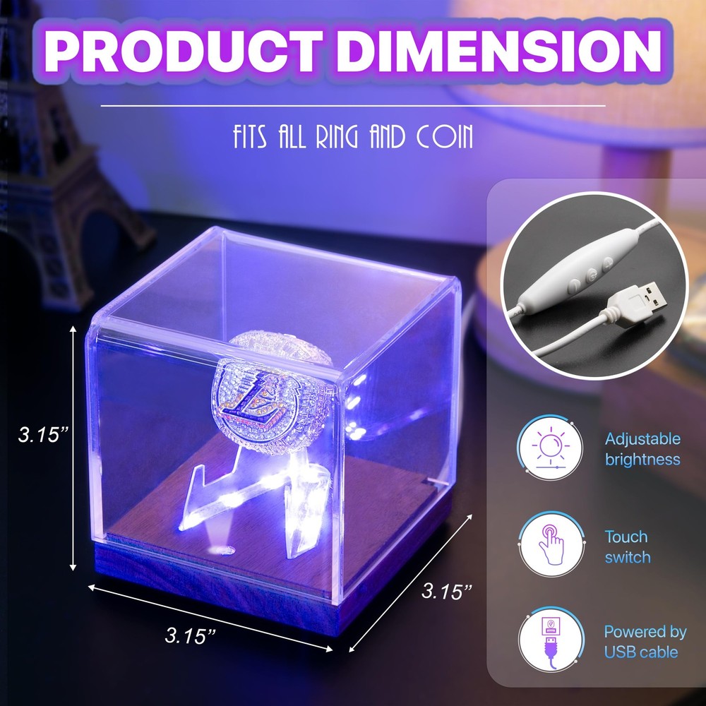 Championship Ring Display Case with Led Light, UV-Protected Clear