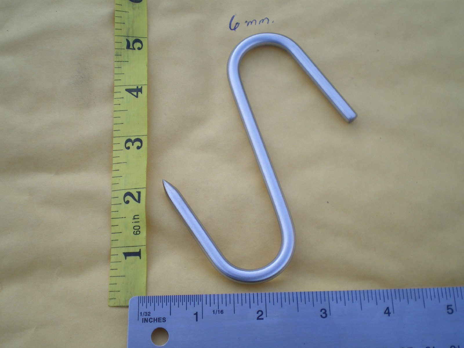 5 HEAVY DUTY S. STEEL MEAT/POULTRY S HOOKS, 5"X6MM. W/1 POINTED HOOK END 2-1/4"