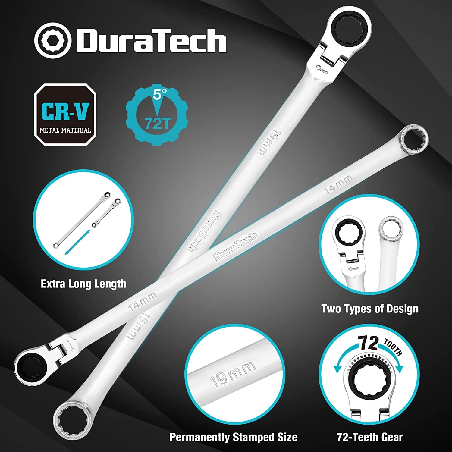 DURATECH 27PCS Extra Long Ratcheting Wrench Set Flex Head 8-22mm Socket Adapters