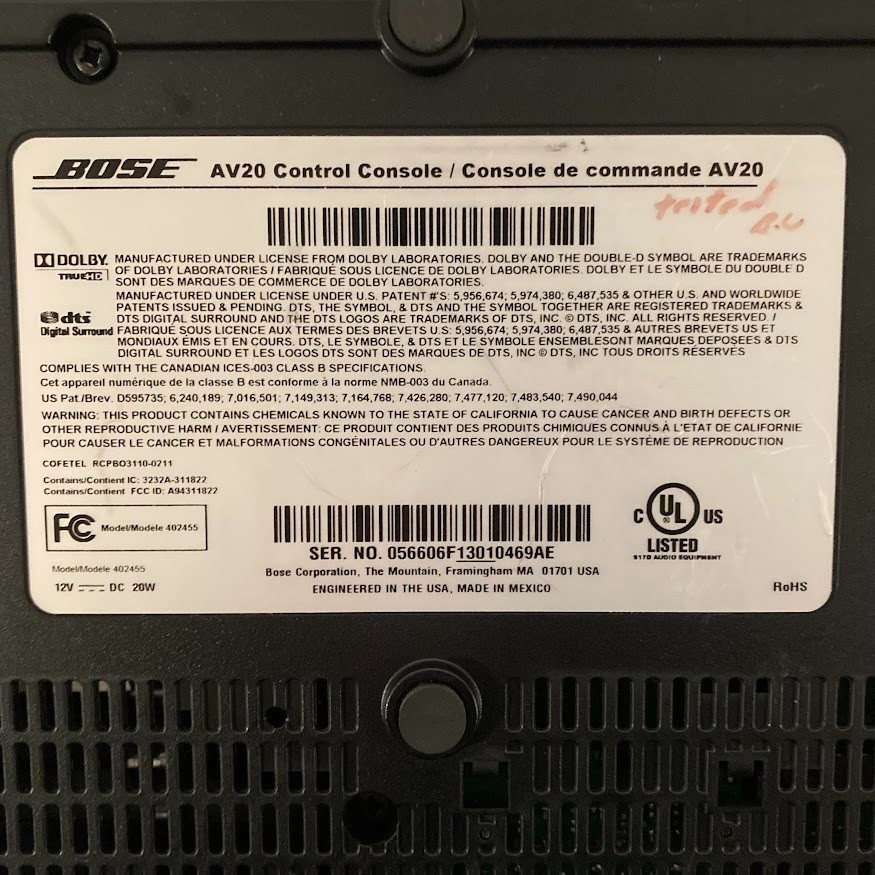 BOSE AV20 CONTROL CONSOLE No Power Supply No Remote UNTESTED No Returns
