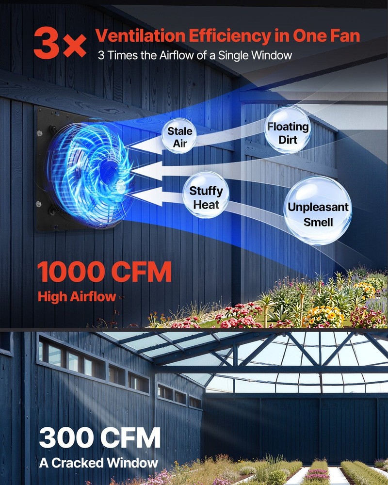 10in 1000CFM Wall Mount Attic Fan with Smart Speed Control & Timer, Black
