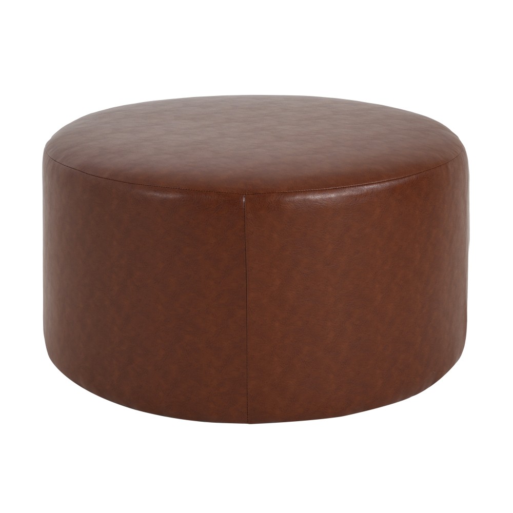 Upholstered Round Ottoman,PU Leather,Brown