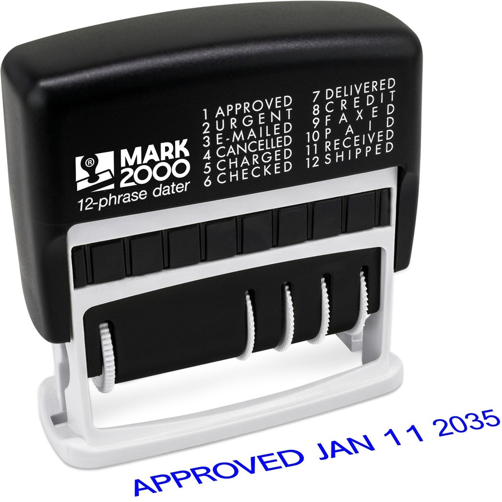 12Phrase Dater Date And Phrase SelfInking Office Stamp Blue Ink Message Tool