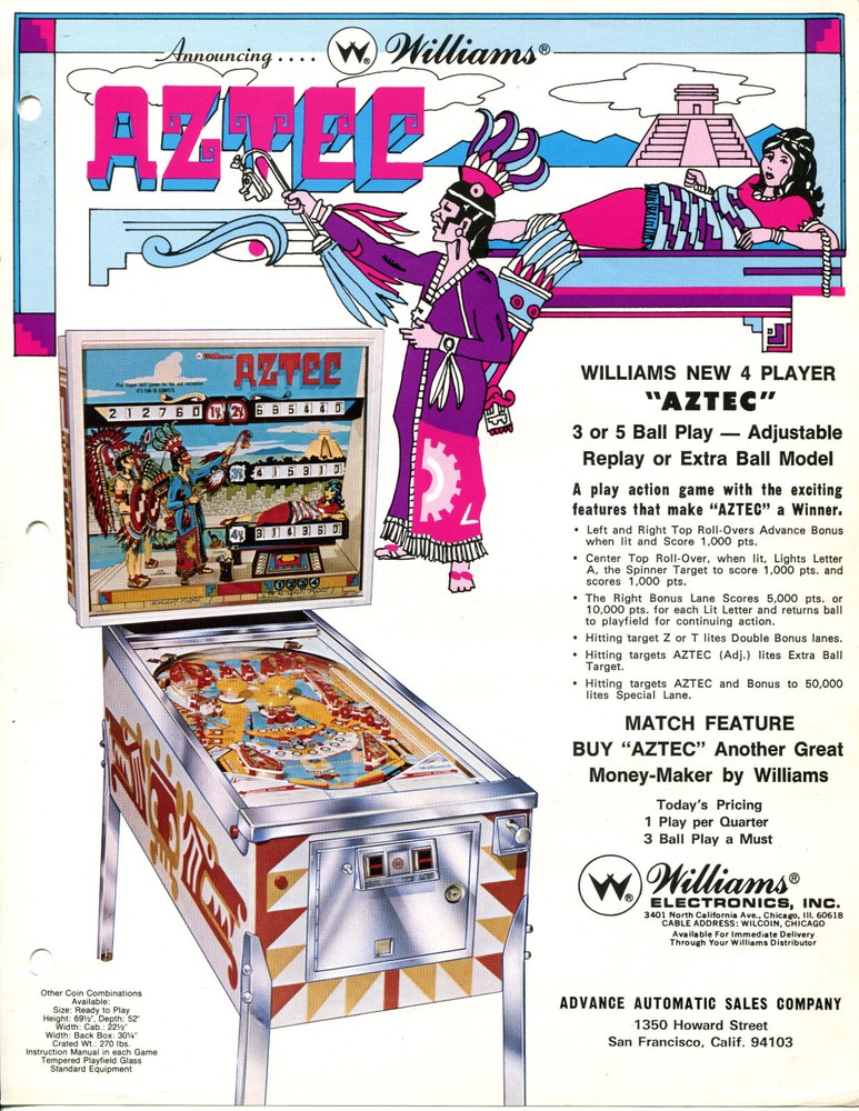 Aztec Williams Pinball Flyer / Brochure / Ad NICE