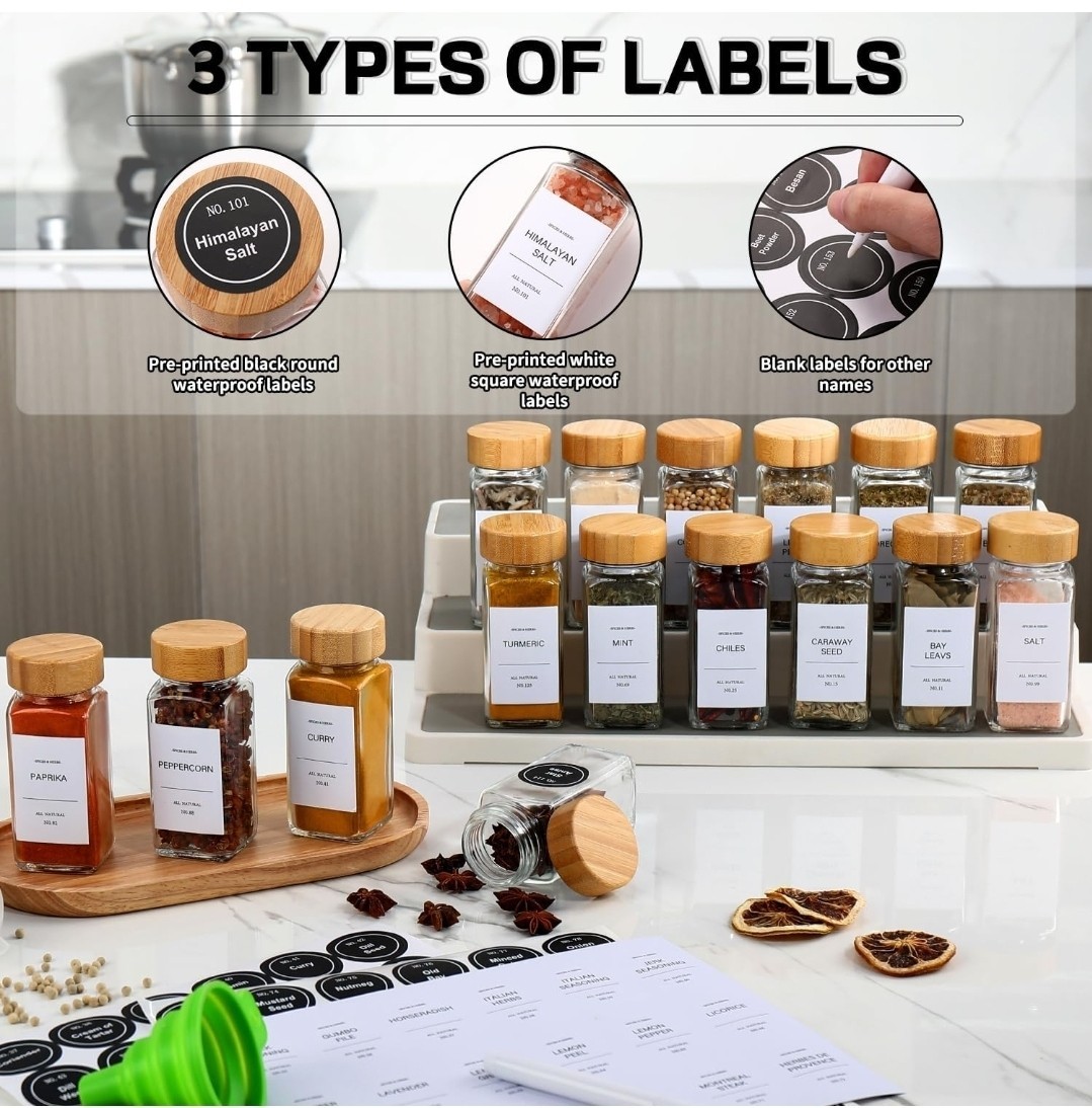 24 Pack] Spice Jars with Label,Seasoning Containers,Glass Spice Jars with Bamboo