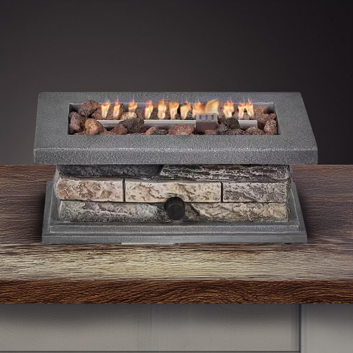 14 In. Rectangle Outdoor Propane Gas Fire Pit 15,000 BTU Stone Look / Lava Rocks