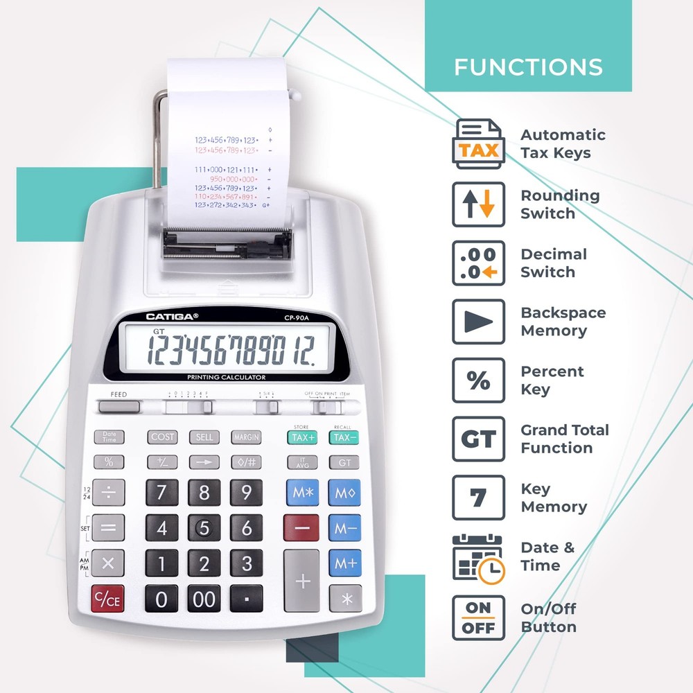 Silver Pro Adding Machine with Printer Clear Display Dual Power Sources