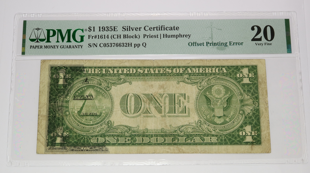 1935 E PMG VF20 PRINTING ERROR Blue Seal Silver Certificate $1 Bank Note #50830F