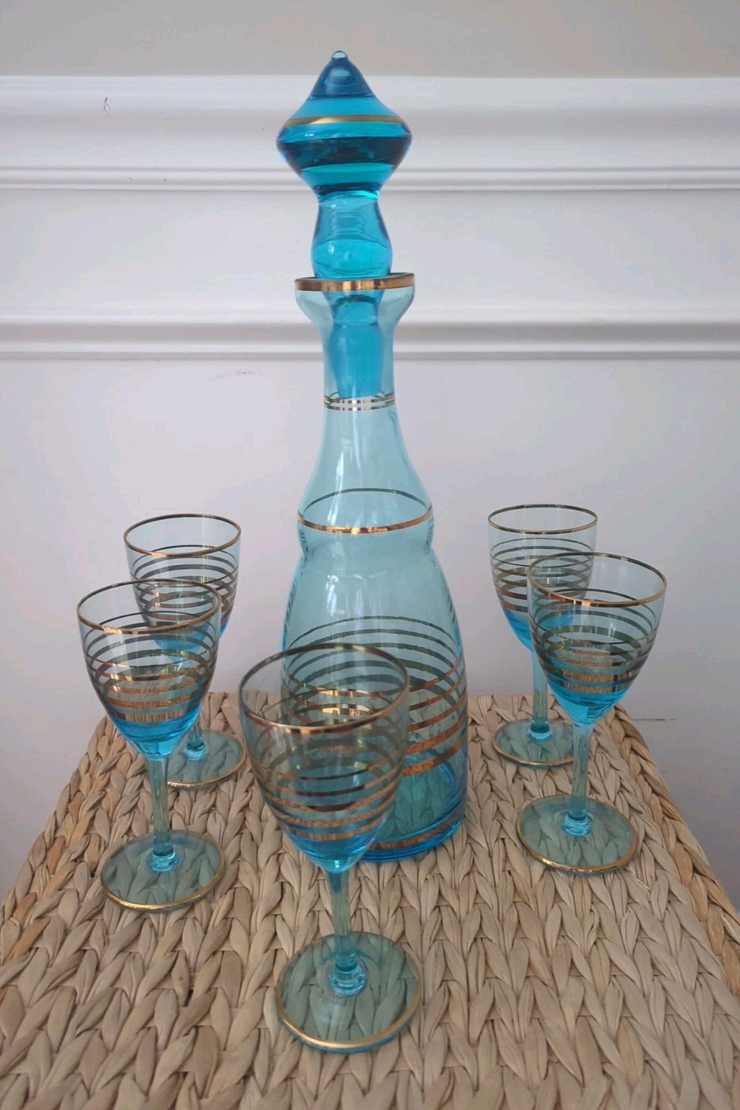 MCM Vintage Teal Blue & Gold Romanian Glass Decanter 4 Cordial Glasses 7 pc Set