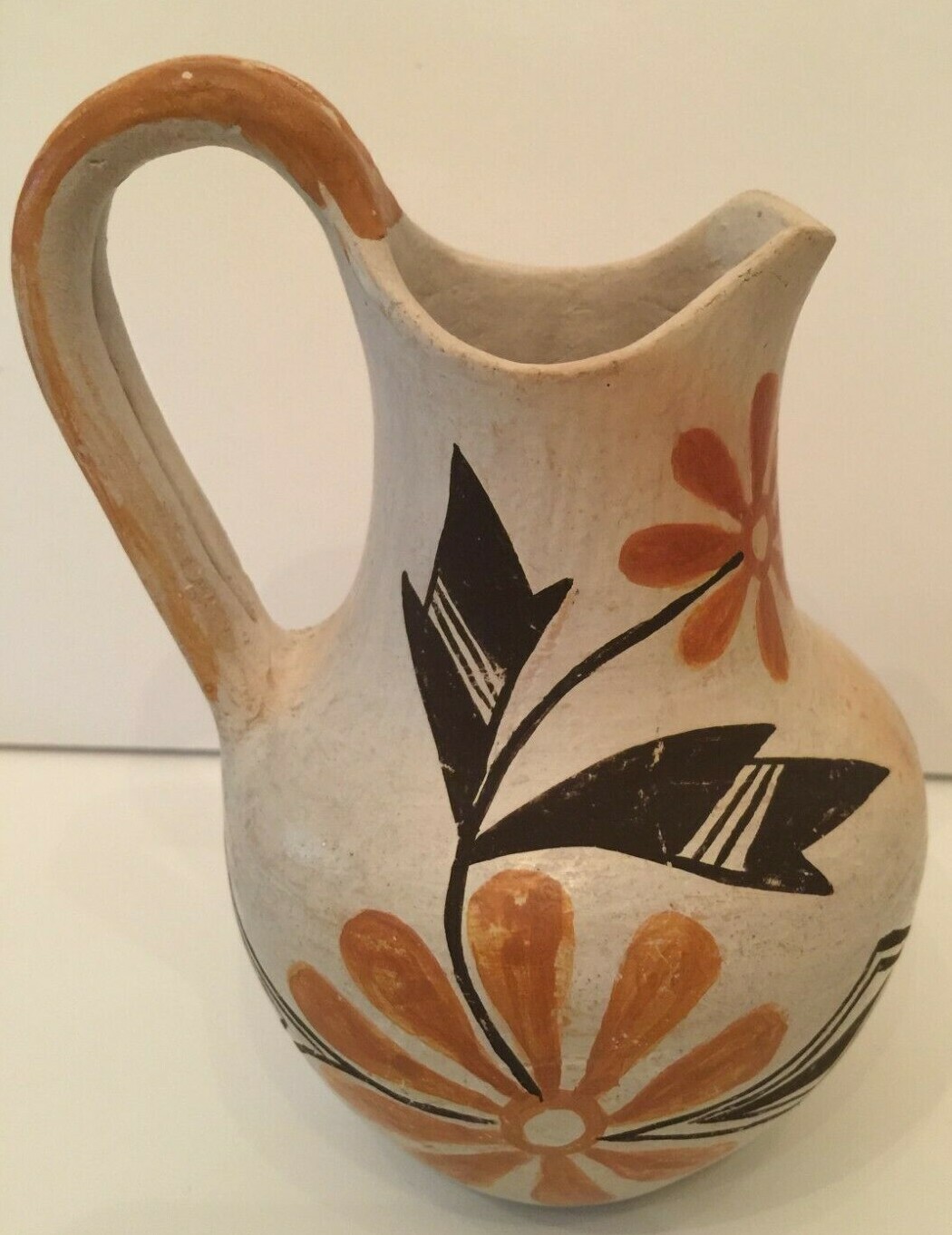 Vintage Acoma New Mexico Pottery Handmade Pitcher Hand Painted Floral 6" Tall