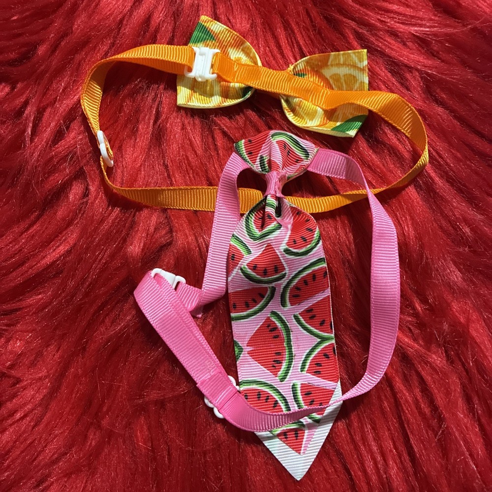 2 X Fruit Pattern, Cat Or Dog, Adjustable Bow & Tie Set. Homemade.