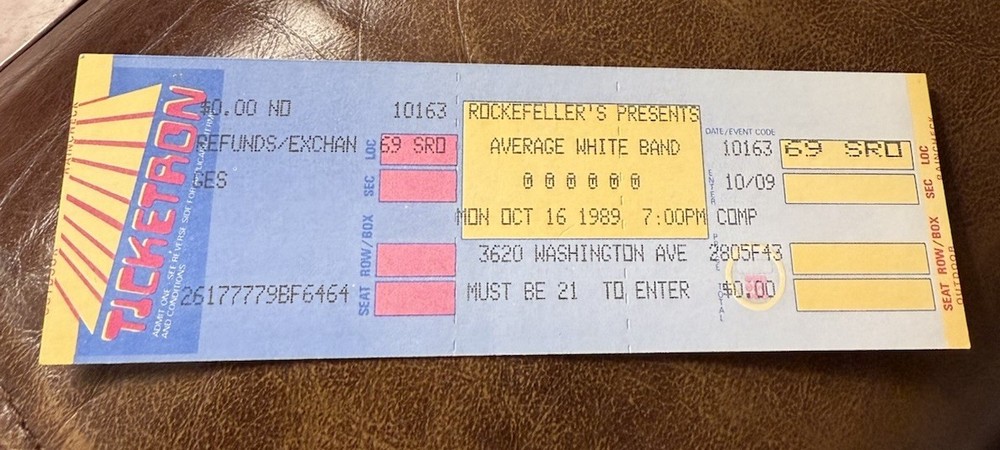 AVERAGE WHITE BAND RARE UNUSED CONCERT TICKET HOUSTON, TX 10/16/1989