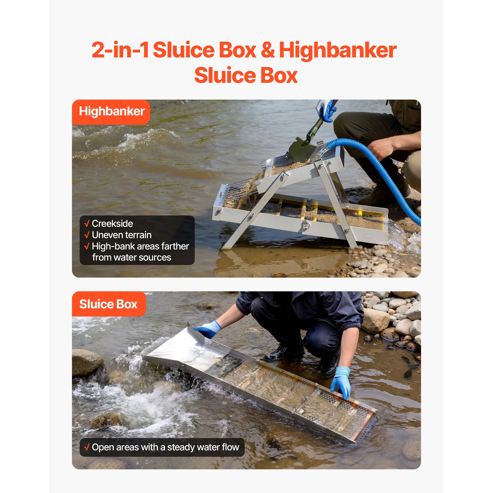 Uimoso 2-in-1 Highbanker Sluice Box 50-Inch Gold Mining Tool