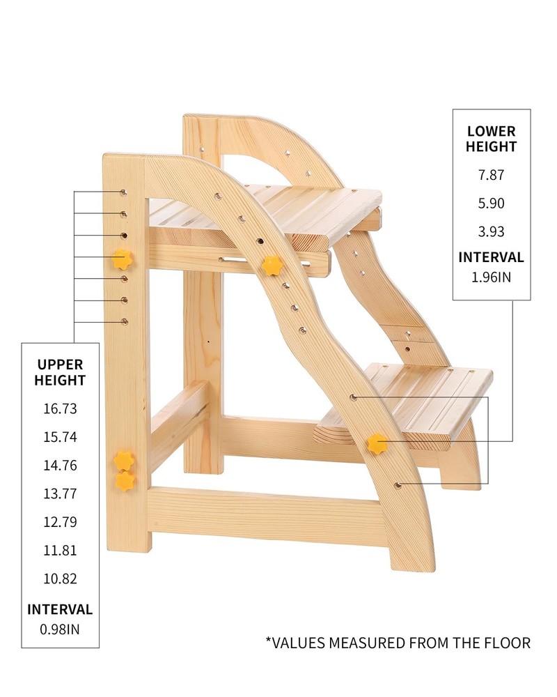 AIMOADO Wooden Two Step Stool for Kids - Adjustable Height & Non-Slip