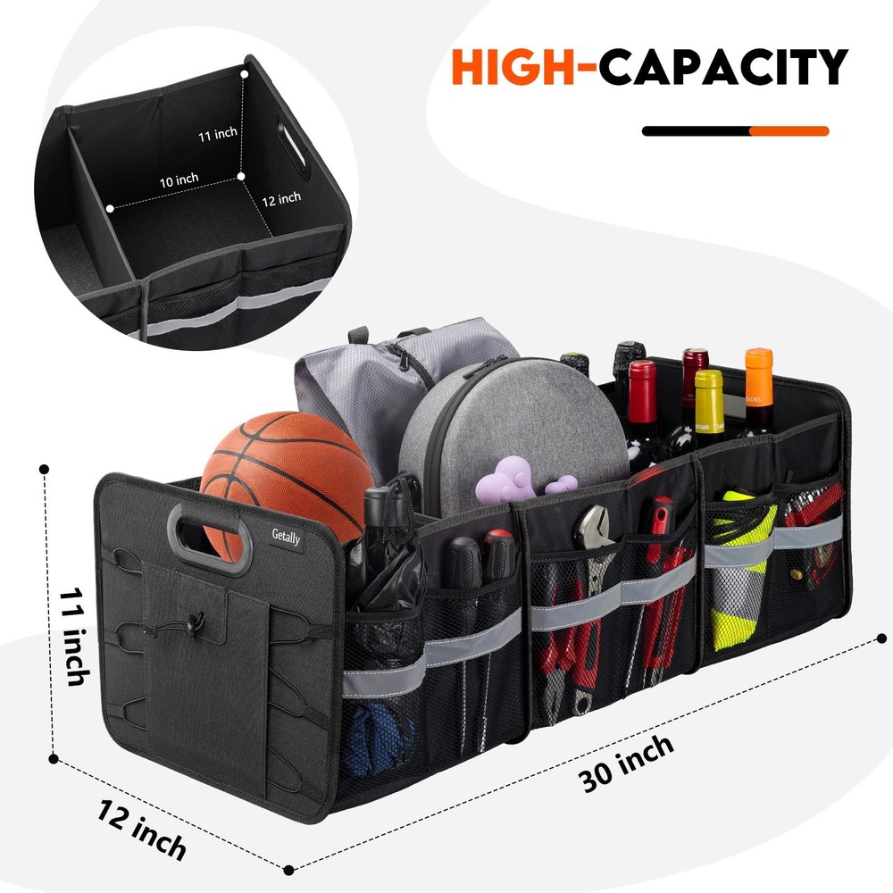 Collapsible Car Trunk Organizer with Multi Pockets & 3 Compartments Storage