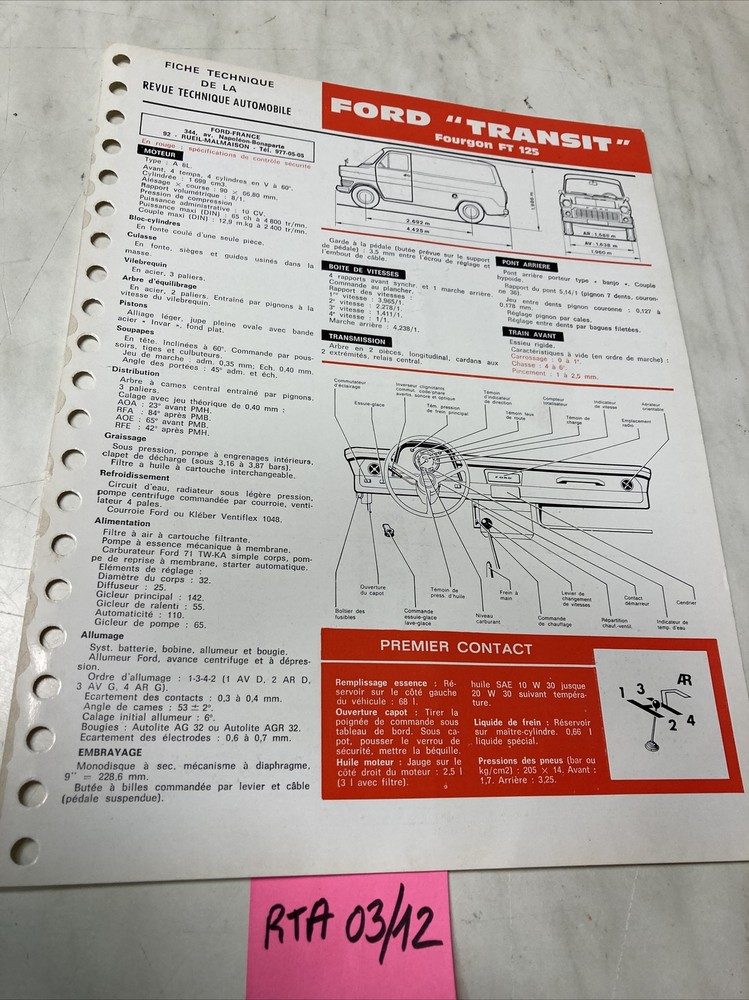 Ford Transit FT125 Technical Sheet Edition 1972 RTA