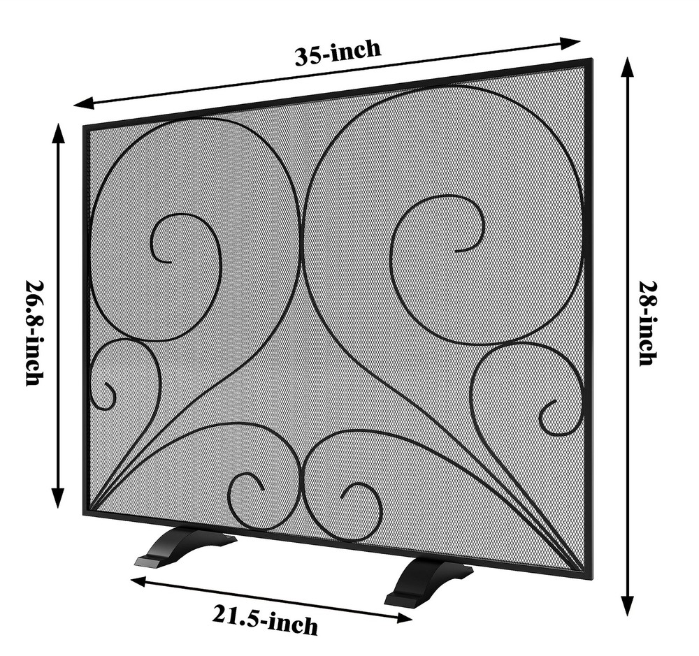 Single Panel Fireplace Screen Handcrafted Solid Wrought Iron Mesh, Heat-Resis...