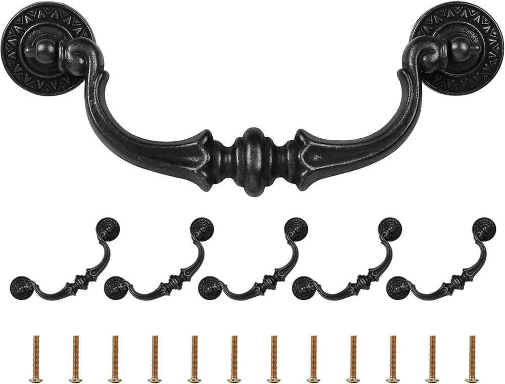 6 Pack Drawer Pulls, 5.5" Hole Center Vintage Antique Black Cabinet Knobs