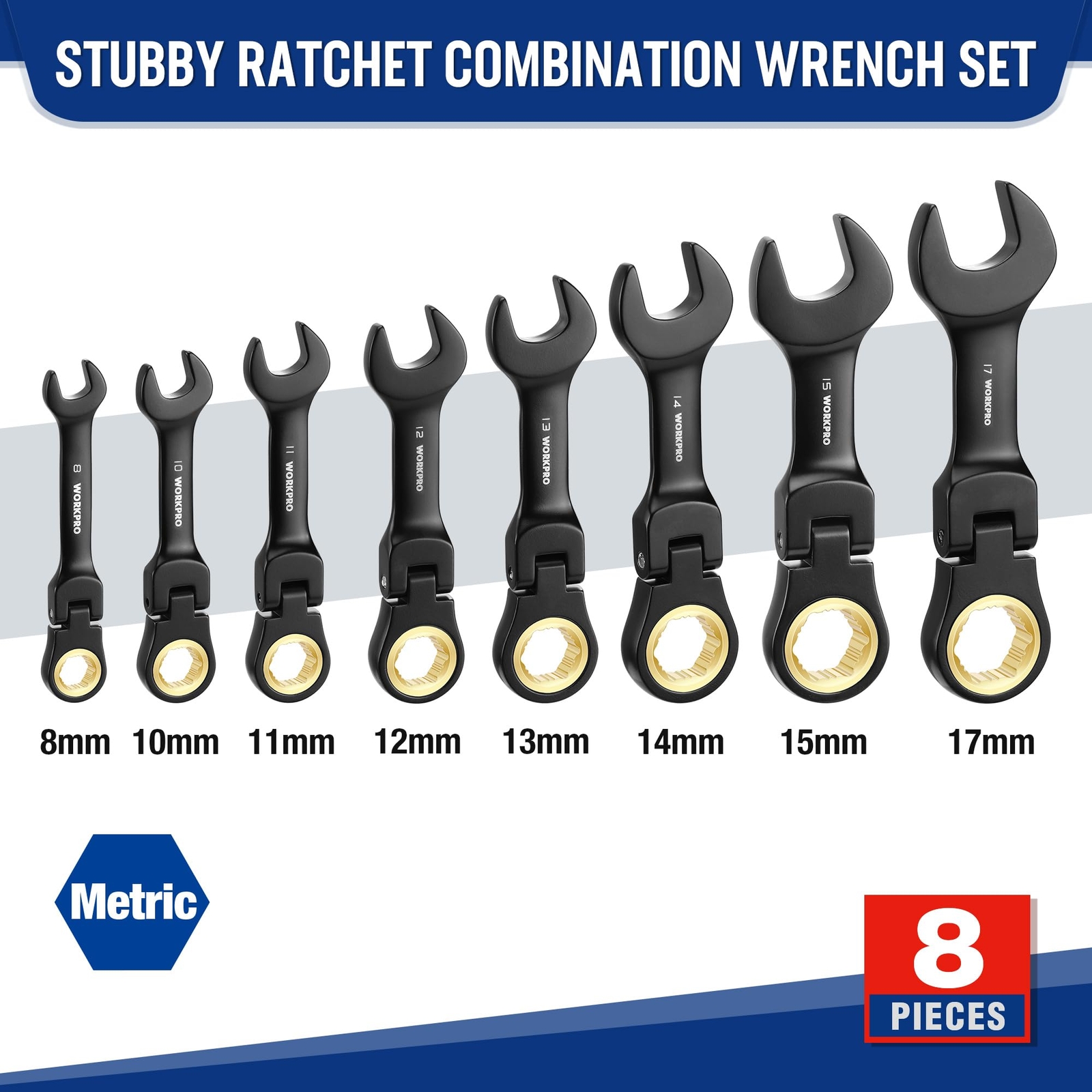 WORKPRO 8-Piece Stubby Anti-slip Ratcheting Combination Wrench Set 8-17mm Metric