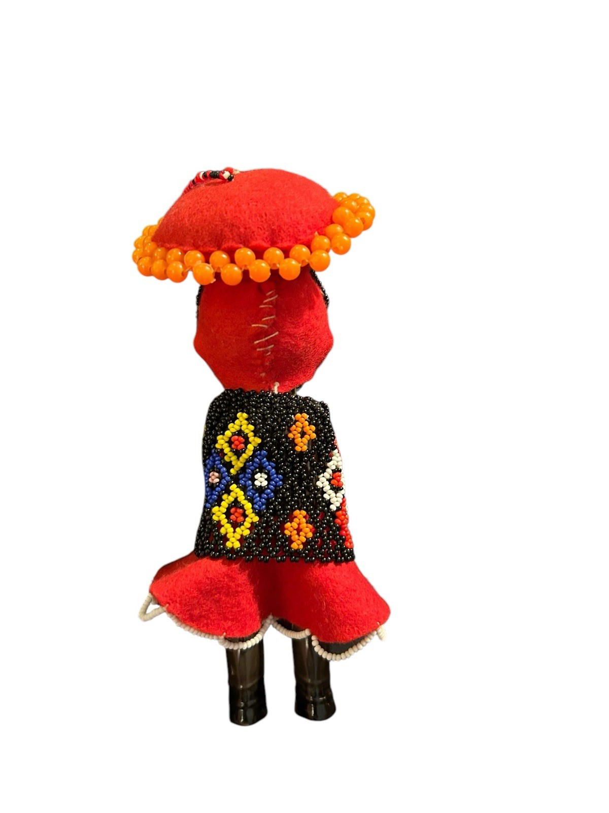 Vtg Celluloid Beaded African Tribal Doll Girl 6.5” Red Black Hanging Ornament