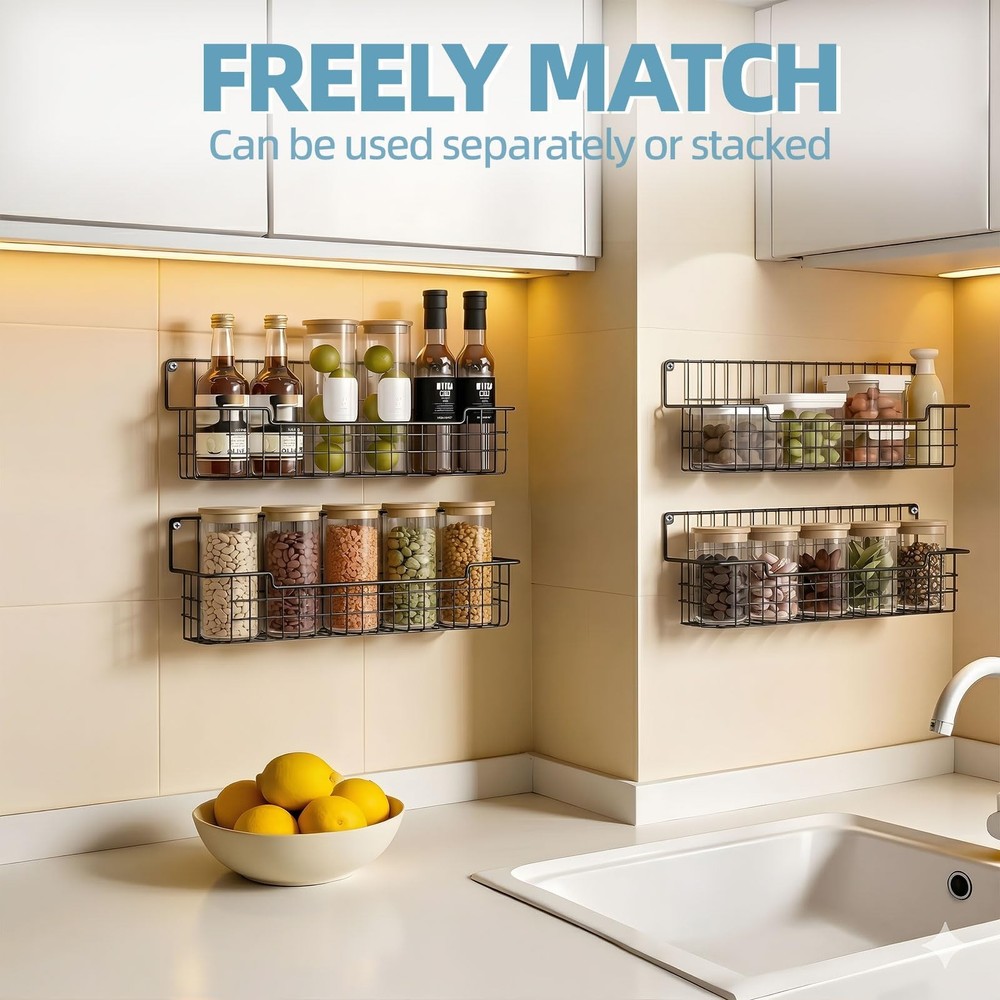 AURIKAR Spice Rack: Wall Mount Organizer Set - Maximize Space in Black, 4 Pack