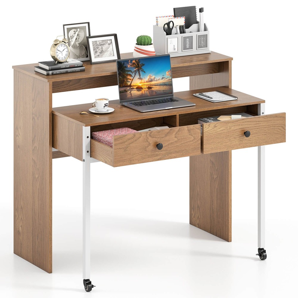 Extendable Computer Desk W/ Large Storage Space Workstation w/Drawer & Wheels