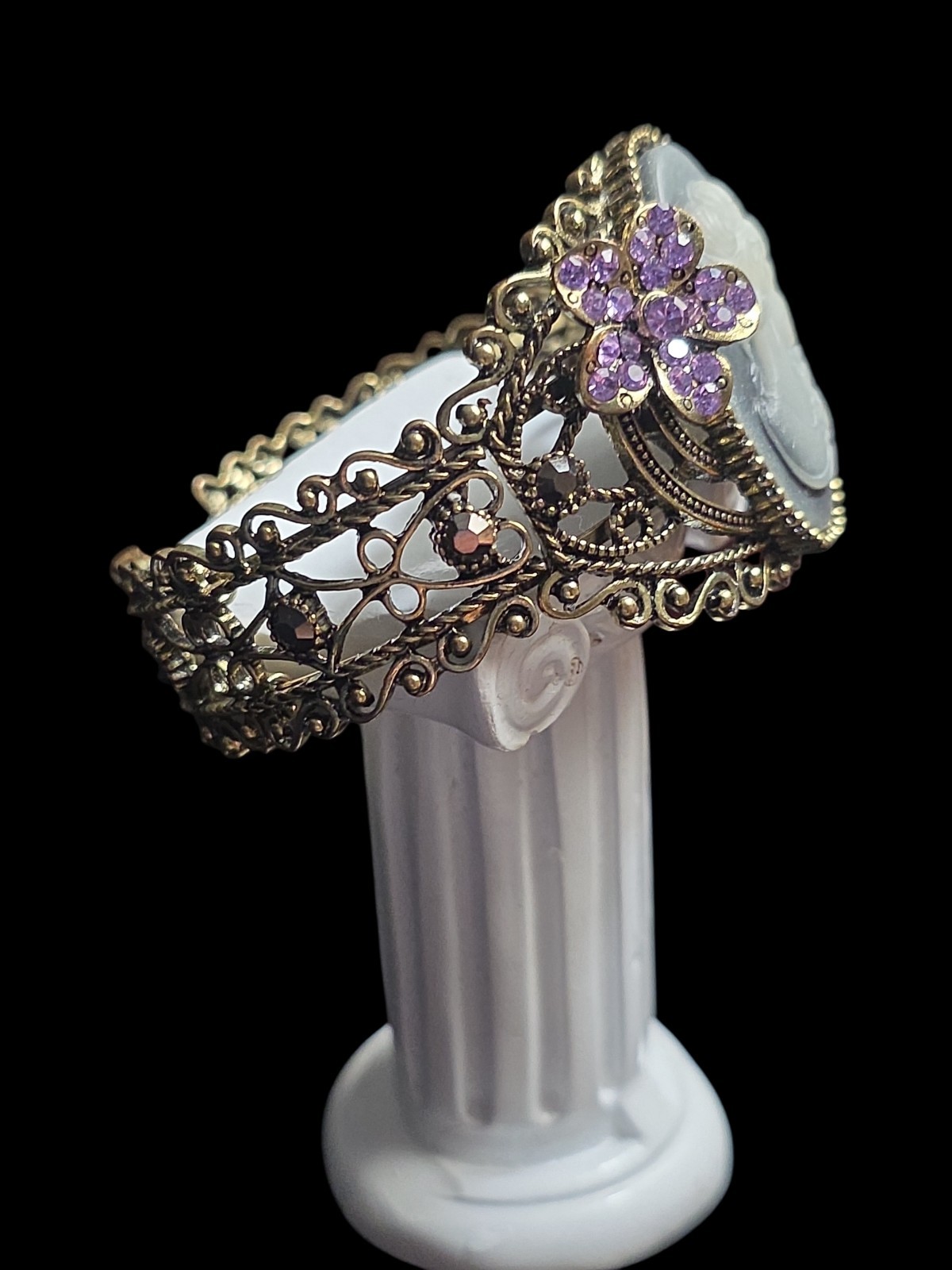 Vintage Victorian Rivival Cameo Rhinstone Large Cuff Bracelet