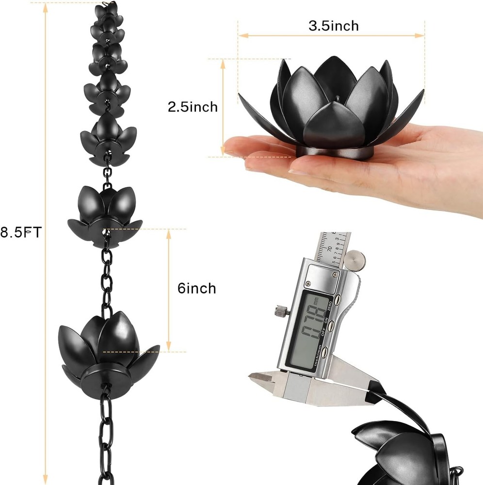 Charming Lotus Rain Catcher Chain 8.5ft - Adjustable Gutter Solution in Black