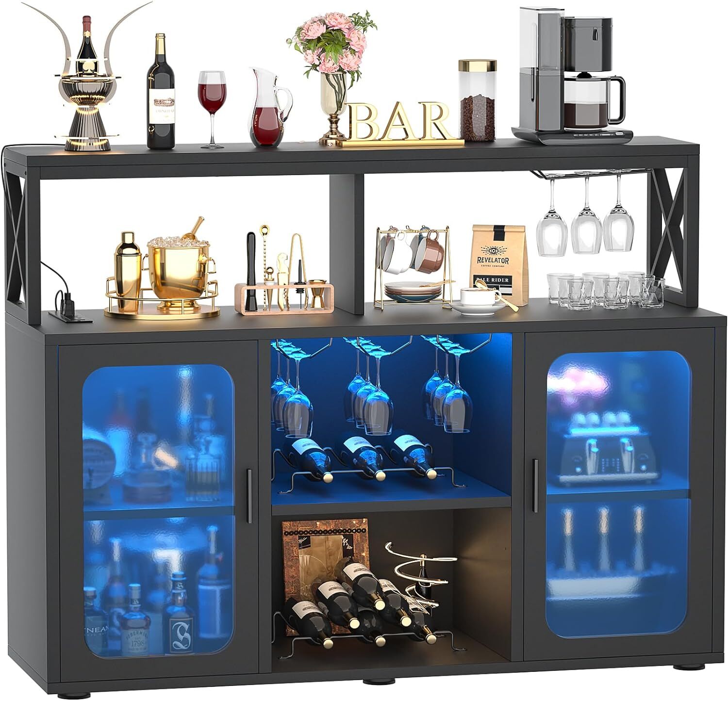 47" Bar Cabinet with LED Lights ＆ Glass Holder ＆ Racks, Storage Buffet Cabinet
