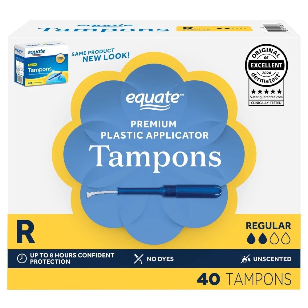 Equate Tampons with Premium Plastic Applicators, Unscented, Regular, 40 Count