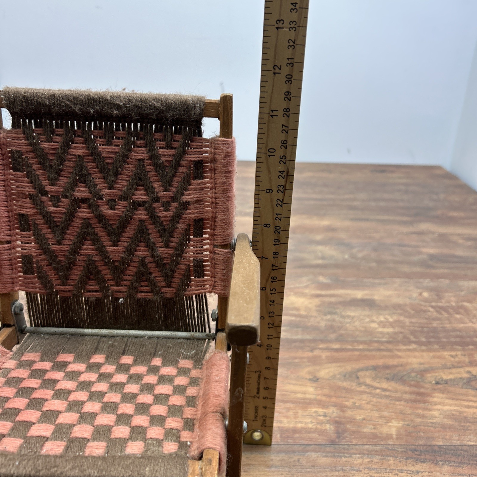 Macrame Wooden Folding Baby Doll Chair Vintage Handwoven Brown Pink ** DOLL SIZE