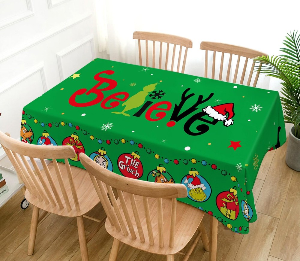 Green Christmas Tablecloth Winter Believe Party Decoration Rectangular Holida...