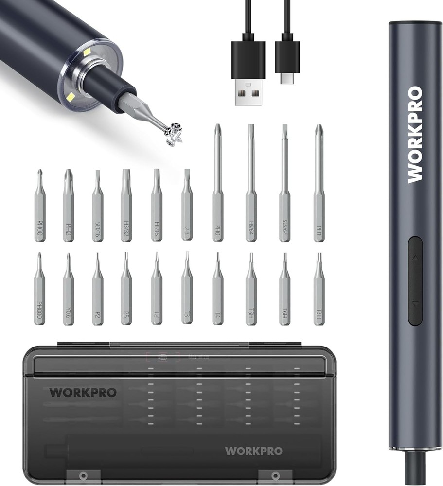 WORKPRO Mini Electric Screwdriver 20 in 1 Electric Precision Screwdriver S2 Bits
