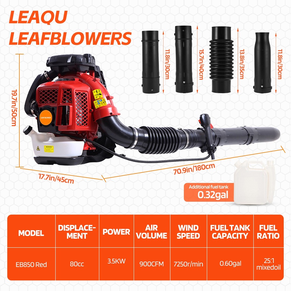 Backpack Leaf Blower Gas Powered Snow Blower 900CFM 80CC 2.3L 2-Stroke Engine