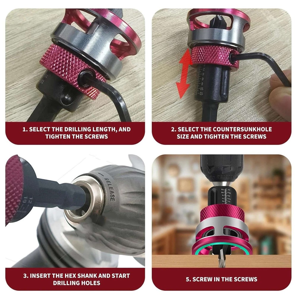 6PCS Adjustable Depth Stop Drill Bit Set for Countersinking Wood Screws Holes