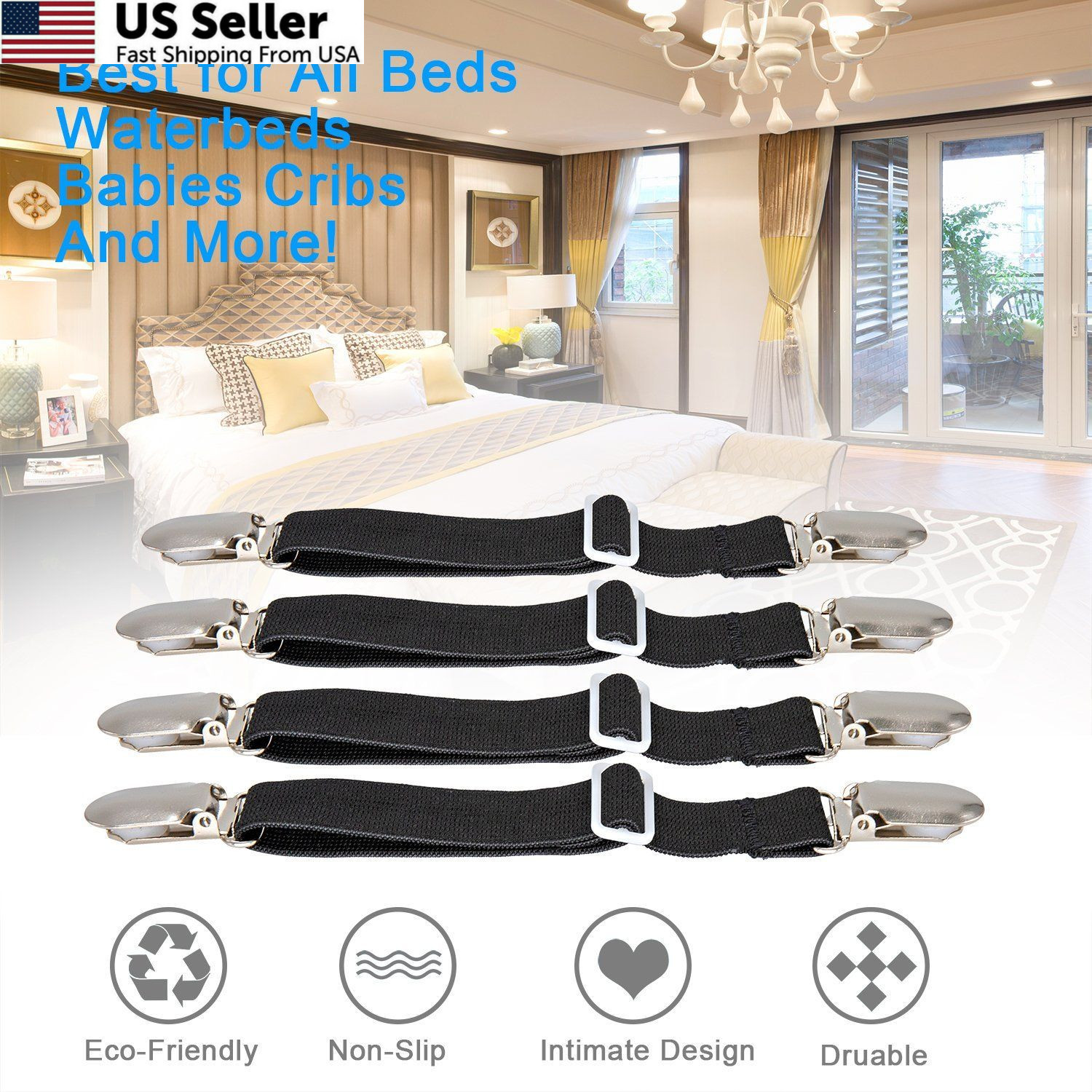 BetyBedy 4Pcs Adjustable Bed Sheet Fasteners Elastic Straps Clips FROM USA