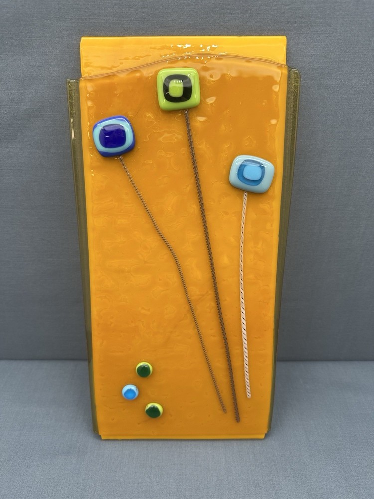 FUSED GLASS Rectangular 12" ART PANEL Orange ABSTRACT Signed DECORATIVE PLATE
