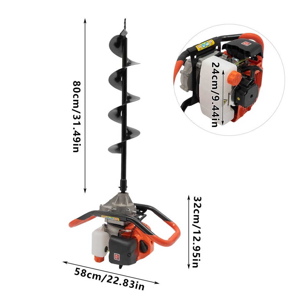Auger Post Hole Digger 52cc-2 Stroke Digging Tool with 4'', 6" & 8" Drill Bit