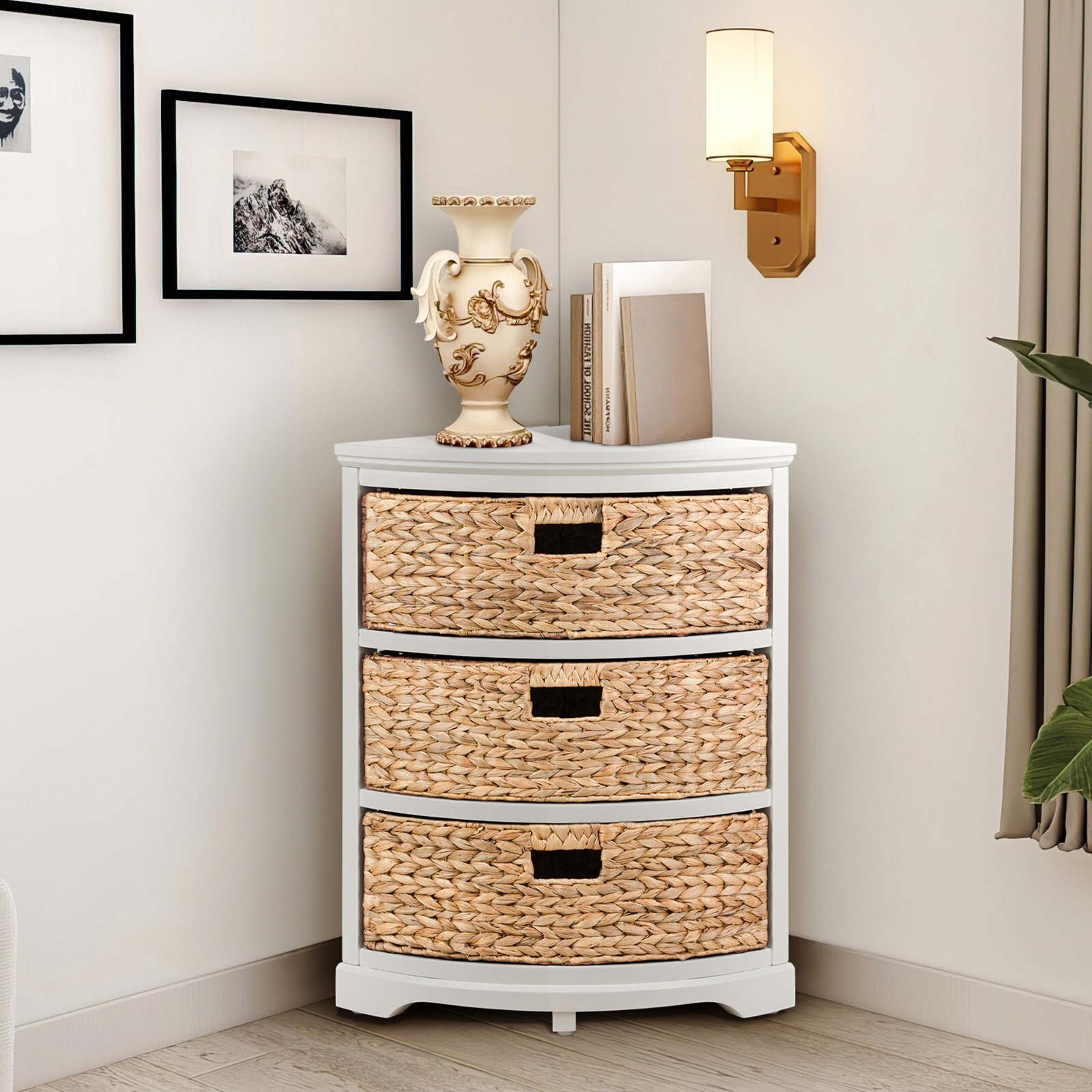3 Tier X-Side Corner Table Storage Cabinet with 3 Wicker Baskets (Collectible)